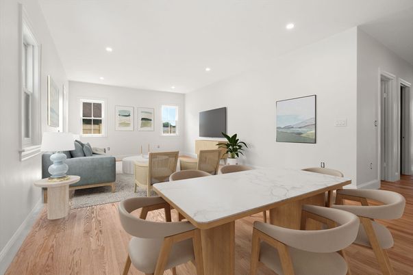 Dining room, Interior, Living room, Recessed Lighting, Wood Texture Flooring