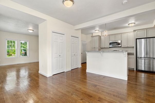 Interior, Kitchen, Pendant Lights, Stainless Steel Appliances, Wood Texture Flooring