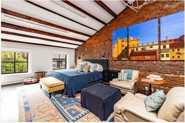 Bedroom, Interior, Stone Walls, Wooden Beams, Wood Texture Flooring