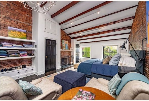 Bedroom, Fireplace, Interior, Living room, Recessed Lighting, Stone Walls, Wooden Beams, Wood Texture Flooring