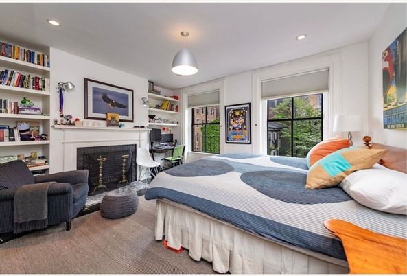 Bedroom, Fireplace, Home Office, Interior, Pendant Lights, Recessed Lighting
