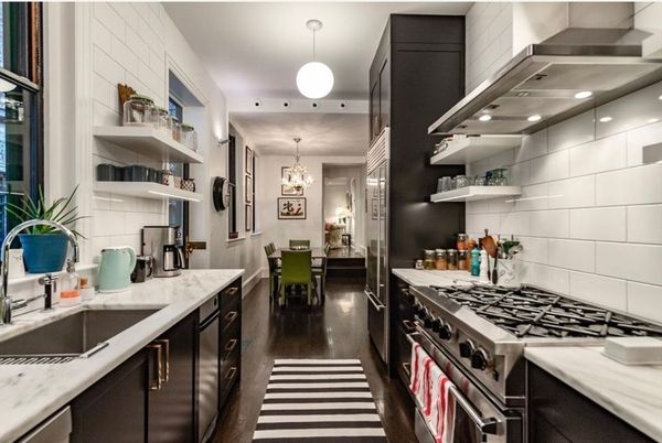 Chandelier, Dining room, Interior, Kitchen, Pendant Lights, Stainless Steel Appliances, Wood Texture Flooring