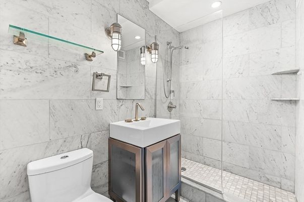 Bathroom, Glass Shower, Interior, Marble Walls, Recessed Lighting