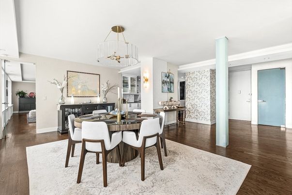 Dining room, Interior, Pendant Lights, Wood Texture Flooring