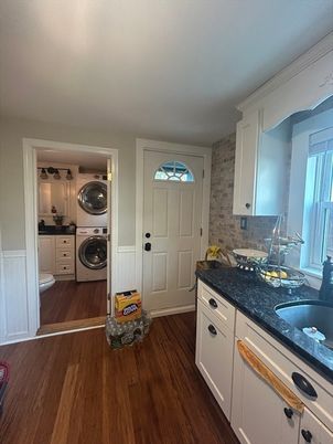 Interior, Kitchen, Stone Walls, Washer, Wood Texture Flooring