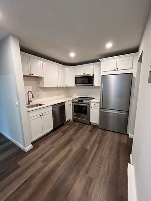 Interior, Kitchen, Recessed Lighting, Stainless Steel Appliances, Wood Texture Flooring
