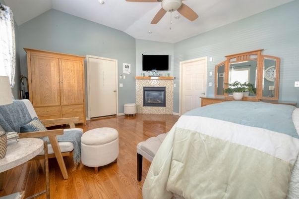 Bedroom, Fireplace, Interior, Wood Texture Flooring