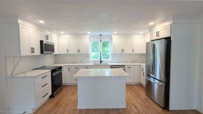Interior, Kitchen, Marble Walls, Recessed Lighting, Wood Texture Flooring