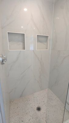 Bathroom, Glass Shower, Interior, Marble Walls, Recessed Lighting