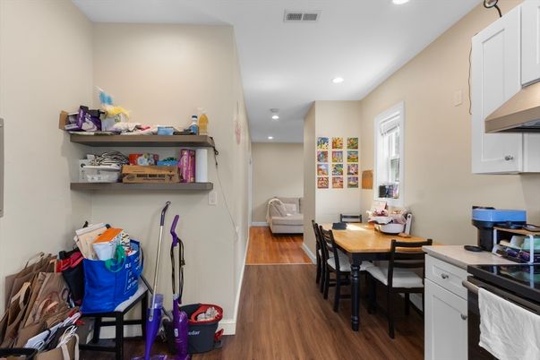 Dining room, Interior, Recessed Lighting, Wood Texture Flooring