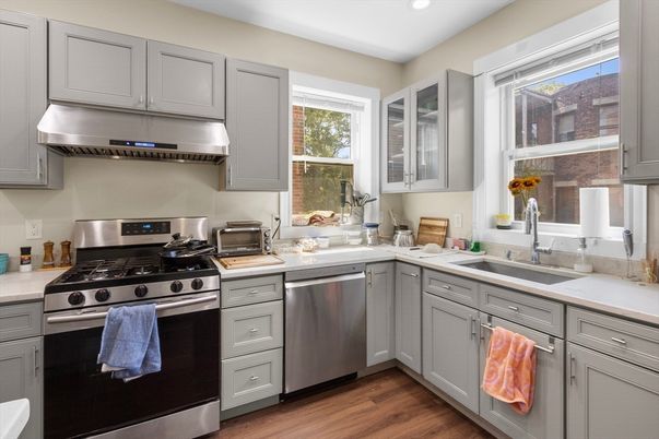 Interior, Kitchen, Recessed Lighting, Stainless Steel Appliances, Wood Texture Flooring