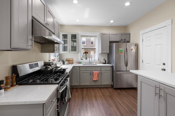 Interior, Kitchen, Recessed Lighting, Stainless Steel Appliances, Wood Texture Flooring
