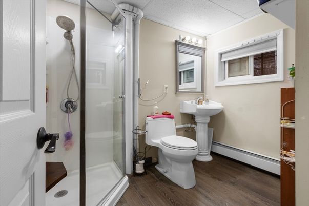 Bathroom, Glass Shower, Interior, Wood Texture Flooring