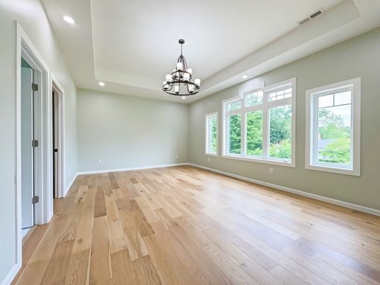 Chandelier, Empty room, Interior, Recessed Lighting, Wood Texture Flooring