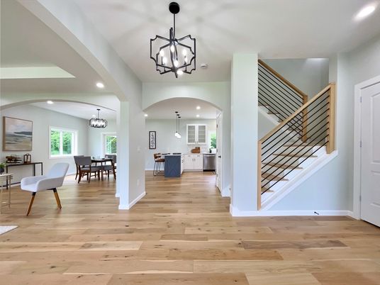 Chandelier, Dining room, Interior, Pendant Lights, Recessed Lighting, Wood Texture Flooring