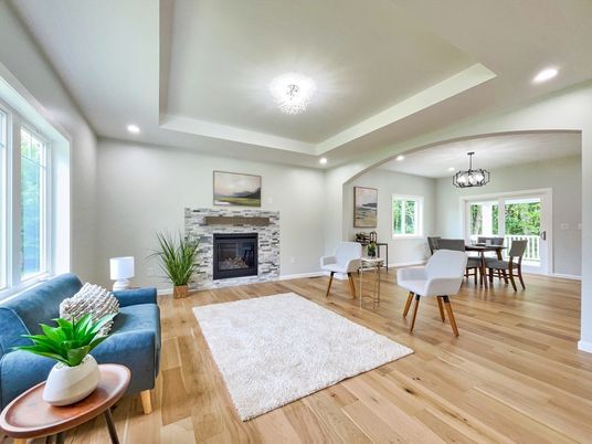 Chandelier, Dining room, Fireplace, Interior, Recessed Lighting, Wood Texture Flooring