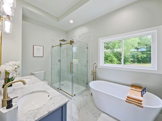 Bathroom, Free Standing Baths, Glass Shower, Interior, Marble, Marble Walls, Recessed Lighting