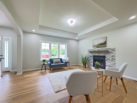 Chandelier, Fireplace, Interior, Living room, Recessed Lighting, Wood Texture Flooring