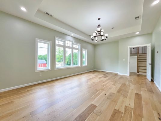 Chandelier, Empty room, Interior, Recessed Lighting, Wood Texture Flooring