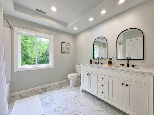 Bathroom, Dual Sink Vanities, Interior, Marble, Recessed Lighting