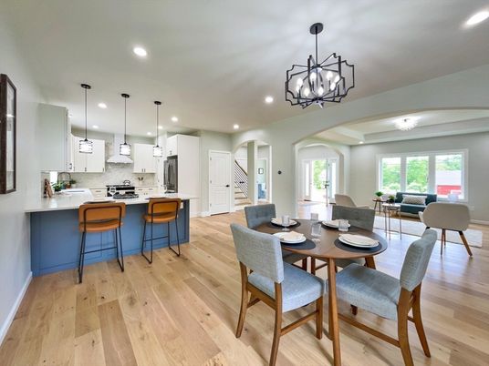 Dining room, Interior, Kitchen, Pendant Lights, Recessed Lighting, Stainless Steel Appliances, Wood Texture Flooring