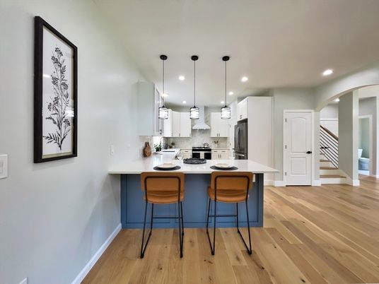 Interior, Kitchen, Pendant Lights, Recessed Lighting, Stainless Steel Appliances, Wood Texture Flooring