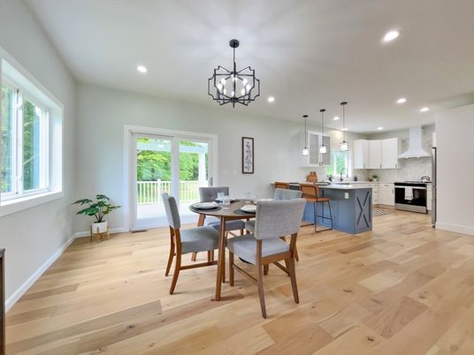 Dining room, Interior, Kitchen, Pendant Lights, Recessed Lighting, Wood Texture Flooring