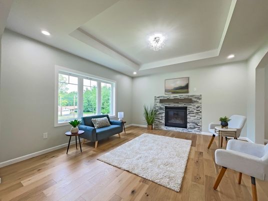 Fireplace, Interior, Living room, Recessed Lighting, Wood Texture Flooring