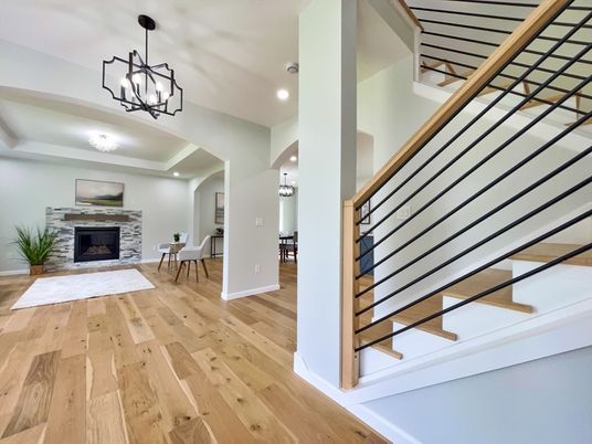 Dining room, Fireplace, Interior, Pendant Lights, Recessed Lighting, Wood Texture Flooring