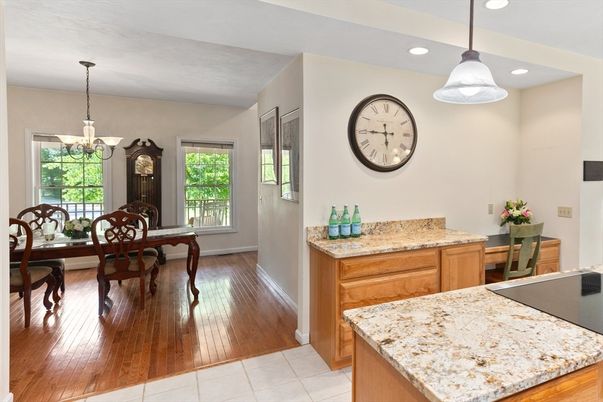 Dining room, Interior, Pendant Lights, Recessed Lighting, Wood Texture Flooring
