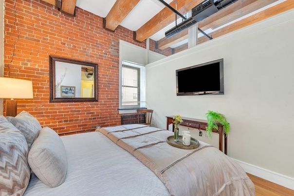Bedroom, Interior, Stone Walls, Wooden Beams, Wood Texture Flooring