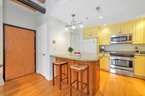 Interior, Kitchen, Pendant Lights, Recessed Lighting, Stainless Steel Appliances, Wood Texture Flooring