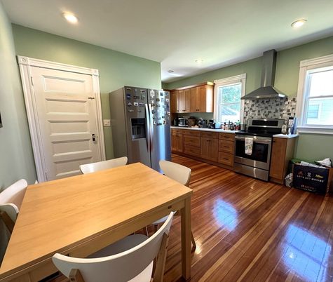 Dining room, Interior, Kitchen, Recessed Lighting, Stainless Steel Appliances, Wood Texture Flooring