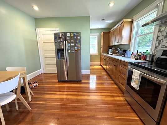 Dining room, Interior, Kitchen, Recessed Lighting, Stainless Steel Appliances, Wood Texture Flooring