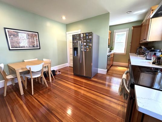 Dining room, Interior, Kitchen, Recessed Lighting, Wood Texture Flooring