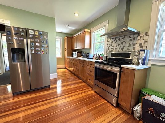 Interior, Kitchen, Recessed Lighting, Stainless Steel Appliances, Wood Texture Flooring