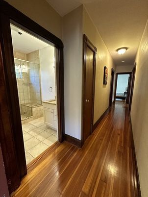 Bathroom, Glass Shower, Interior, Wood Texture Flooring