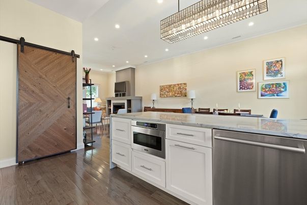 Dining room, Interior, Kitchen, Recessed Lighting, Stainless Steel Appliances, Wood Texture Flooring