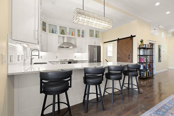 Chandelier, Interior, Kitchen, Recessed Lighting, Stainless Steel Appliances, Wood Texture Flooring