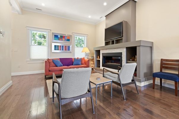 Fireplace, Interior, Living room, Recessed Lighting, Wood Texture Flooring