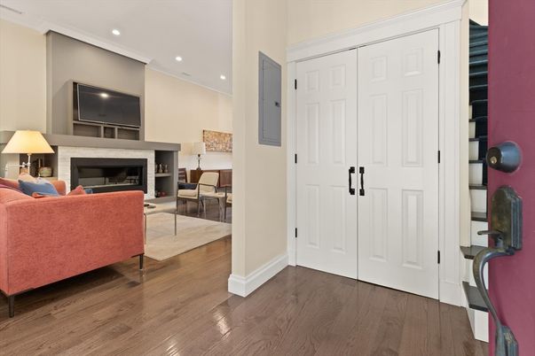 Fireplace, Interior, Living room, Recessed Lighting, Wood Texture Flooring