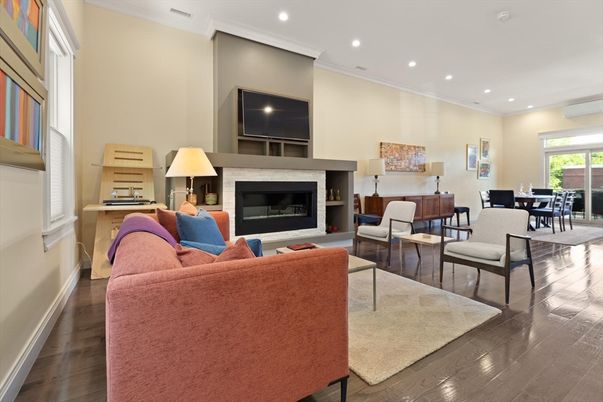 Dining room, Fireplace, Interior, Living room, Recessed Lighting, Wood Texture Flooring
