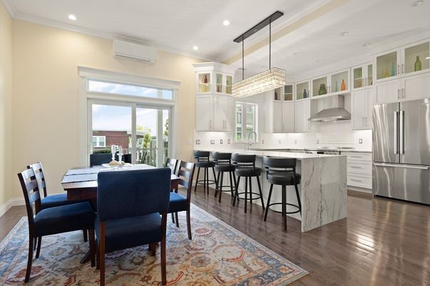 Chandelier, Dining room, Interior, Kitchen, Recessed Lighting, Stainless Steel Appliances, Wood Texture Flooring