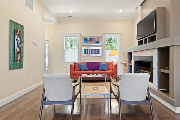 Fireplace, Interior, Living room, Recessed Lighting, Wood Texture Flooring