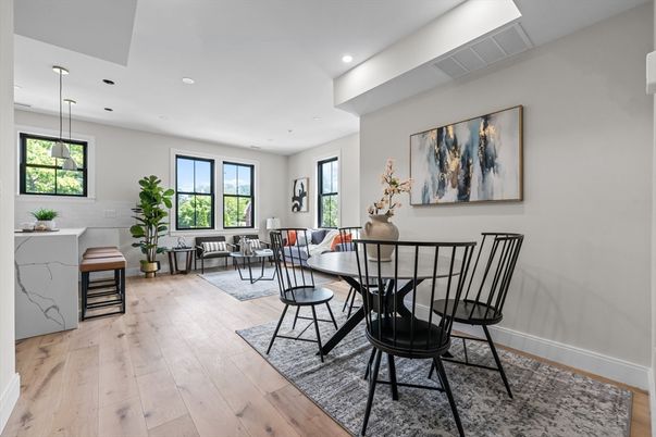Dining room, Interior, Pendant Lights, Recessed Lighting, Wood Texture Flooring