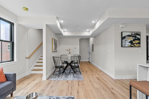 Dining room, Interior, Recessed Lighting, Wood Texture Flooring