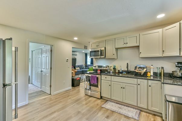 Interior, Kitchen, Recessed Lighting, Stainless Steel Appliances, Wood Texture Flooring
