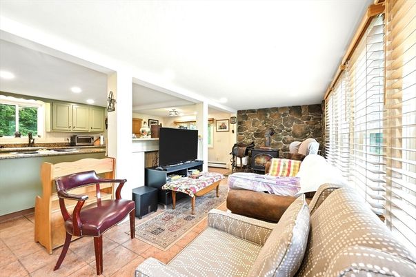 Fireplace, Interior, Kitchen, Living room, Recessed Lighting, Stone Walls