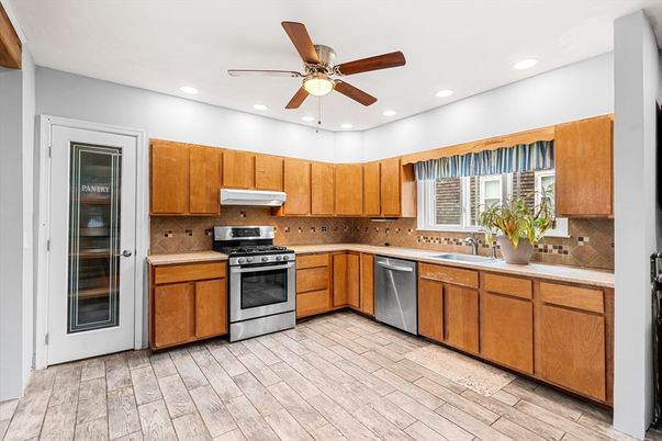 Interior, Kitchen, Recessed Lighting, Stainless Steel Appliances, Wood Texture Flooring