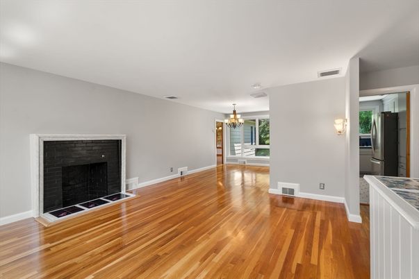 Chandelier, Empty room, Fireplace, Interior, Wood Texture Flooring